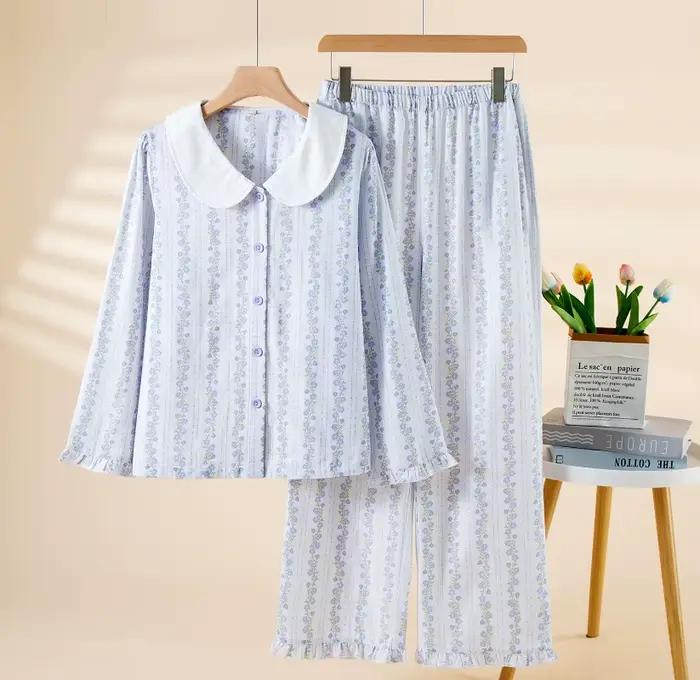 Cottagecore ensemble pyjama pour femmes 100% coton imprimé fleuri à manches longues vêtements de nuit doux col claudine vêtements de détente pour l'automne