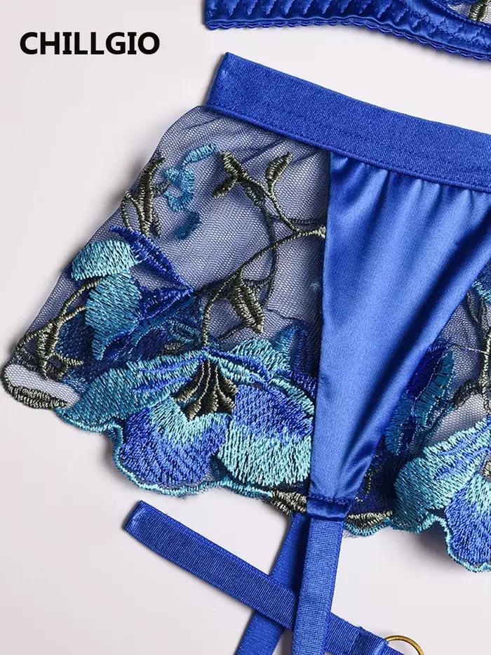 CHILLGIO femmes broderie florale dentelle soutien-gorge bref costumes mode 3 pièces érotique intime Lingerie Push Up à armatures ensembles de sous-vêtements