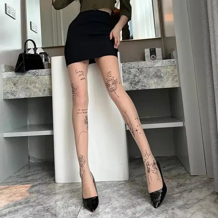 Collants Sexy pour femmes, avec tatouages à motifs, Inscriptions de fleurs, lettres, bas noirs fins et longs pour dames
