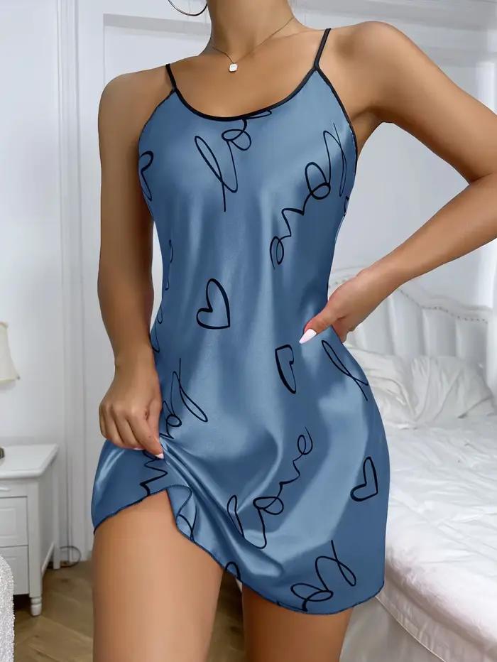 Coeur lettre impression chemise de nuit décontracté col rond Spaghetti sangle robe