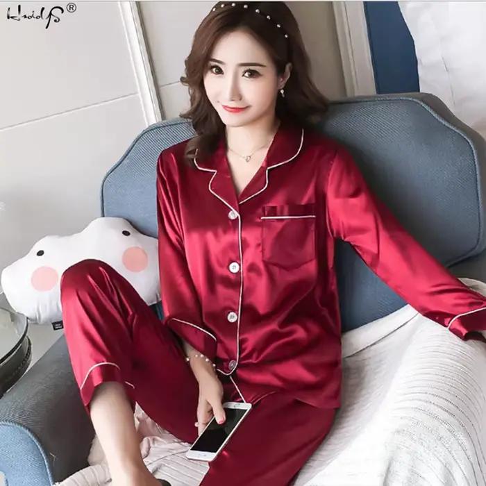 Femmes soie Satin Pyjamas ensemble à manches longues vêtements de nuit Pijama