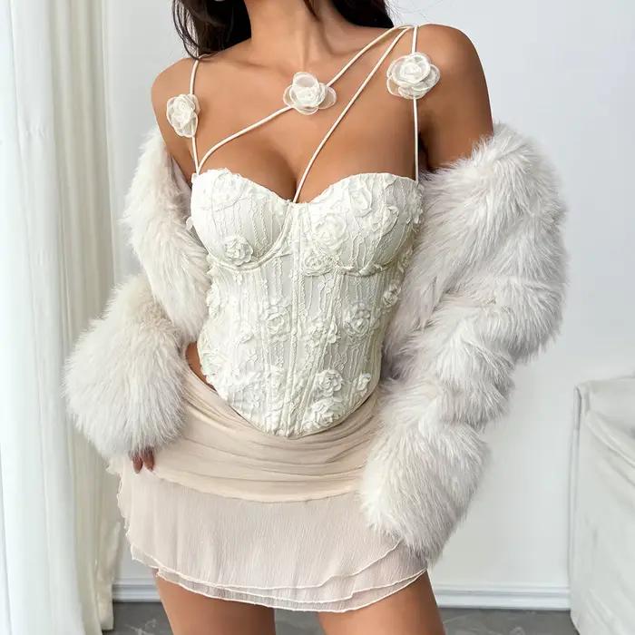 Corset chic pour femme en dentelle 3D rose crème