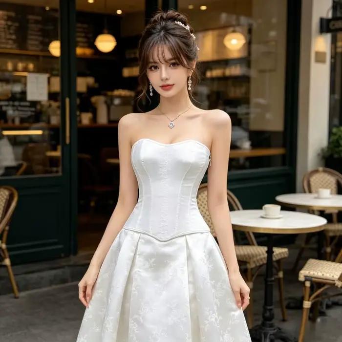 Corset blanc en satin à col cœur avec fermeture éclair latérale et laçage