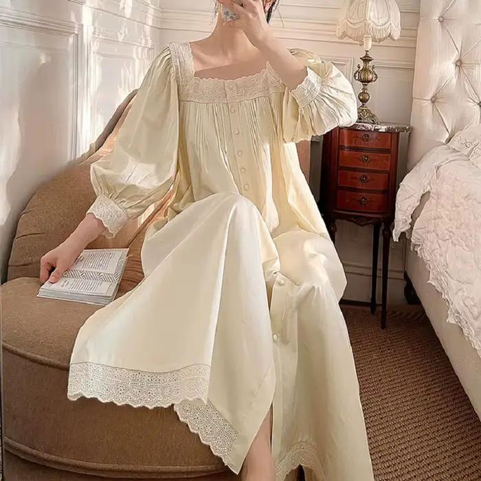 Vintage broderie coton longues chemises de nuit pour dame à manches