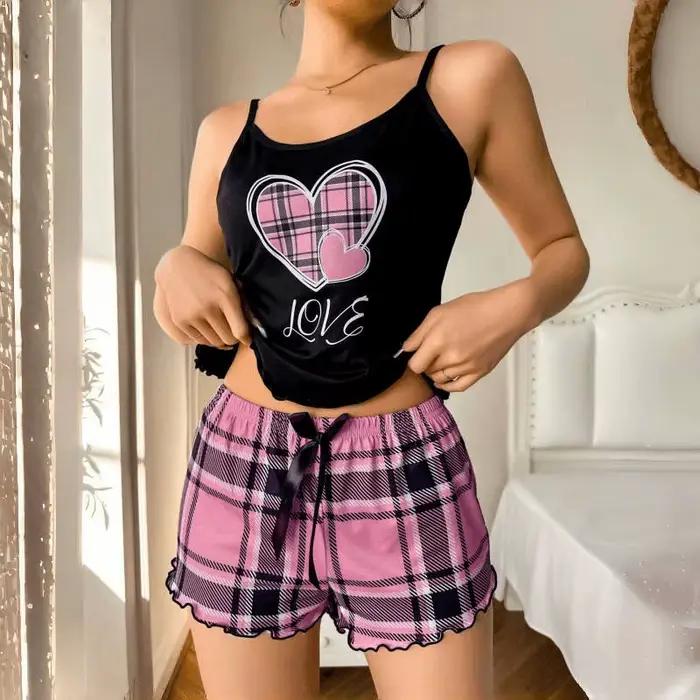 Femmes Sexy Bretelles Shorts Mince Pyjamas Lettre Imprimé Plaid Shorts Grand Pyjamas Romantique Maison Porter Sexy Vêtements De Nuit Pyjama Court
