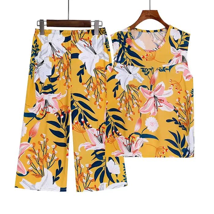 4XL Pyjama Pour Femme Nouveau Imprimé D'âge Moyen Mère Deux Pièces Ensemble FiglaCapri Pantalon Trempé Vêtements De