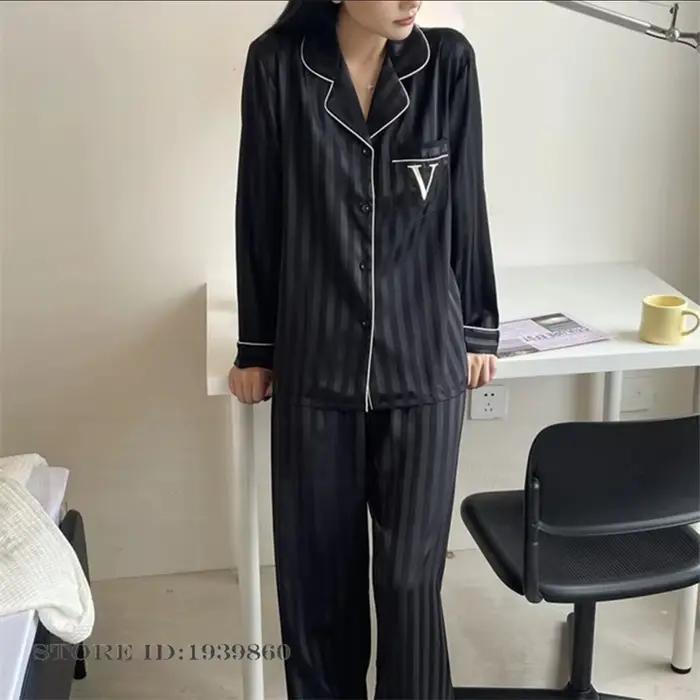 Pyjama femme 2 pièces ensemble mode noir glace vêtements de nuit en soie pantalon costumes
