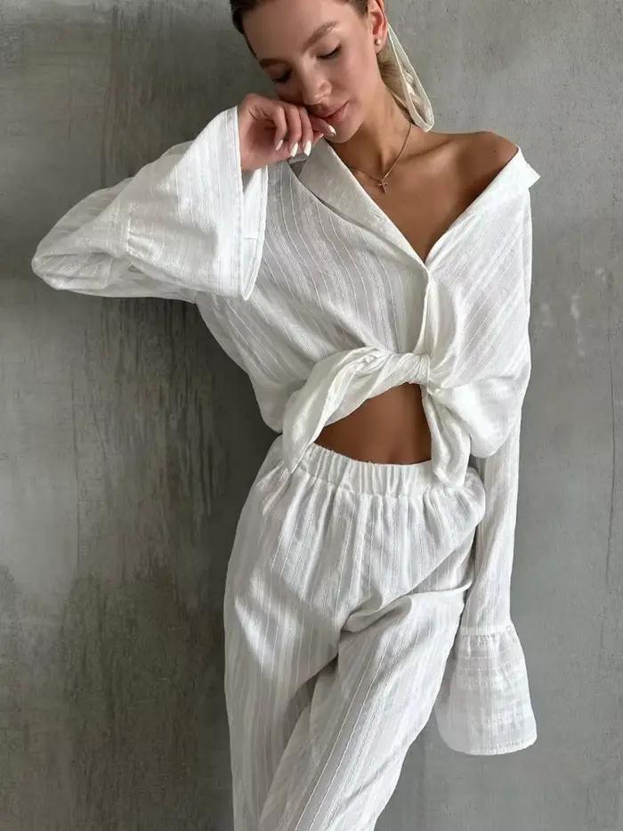 Ensemble de pyjama blanc pour femme 100 % coton