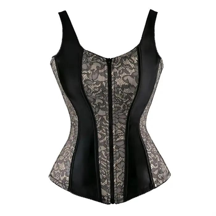 Corset gothique à fermeture éclair avec bretelles pour femme, bustier corset sexy, noir et blanc