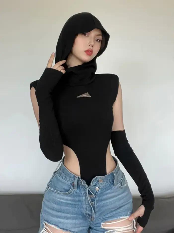 Body à capuche Lingerie Sexy corps Feminino haut noir femmes Rave tenue manches couverture une pièce