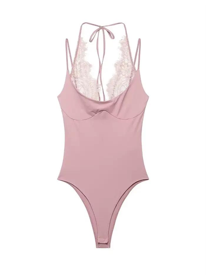 Nouveauté 2026 : Combinaison moulante sexy en dentelle pour femme, style patchwork ajouré et transparent, couleur unie