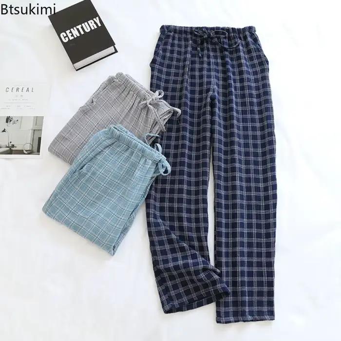 Bas de sommeil japonais pour hommes, pantalon de pyjama à carreaux en treillis Simple, fil de coton 100%, vêtements de maison, taille élastique, nouvelle collection 2026
