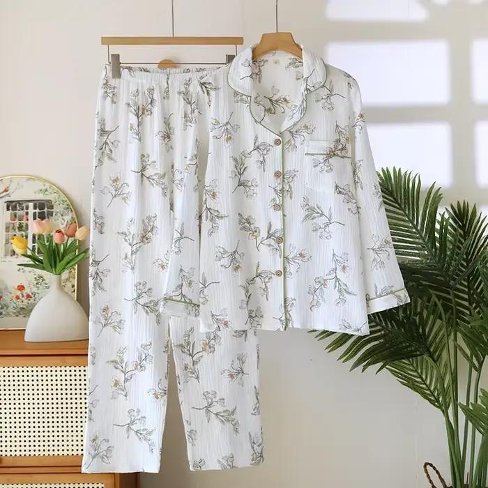 Ensemble pyjama doux et mignon à manches longues pour femmes, en coton, Double couche, pantalon Long quatre saisons, ensemble de vêtements pour la maison