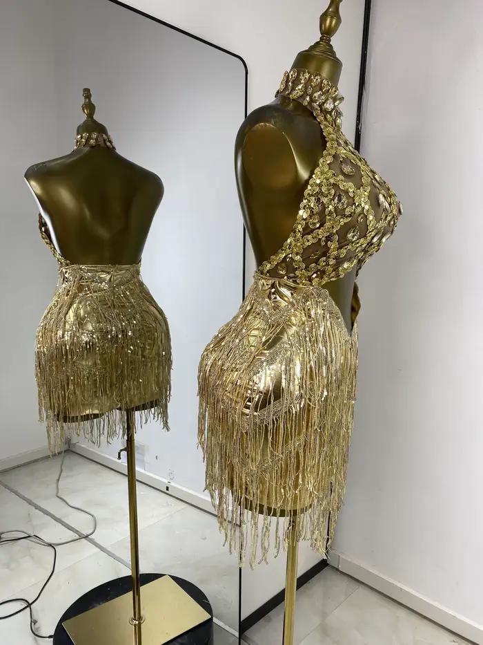 Femmes or soirée Club robe de soirée Sexy licou dos nu brillant strass paillettes gland moulante Mini barre de nuit Costumes
