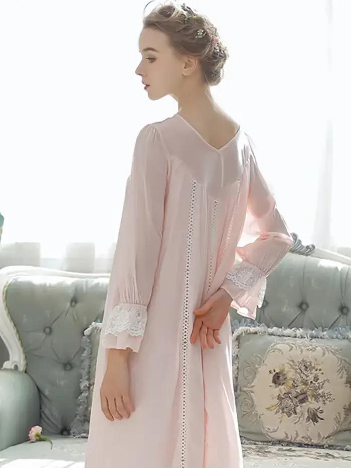 Femmes pur coton volants col en v Vintage chemise de nuit Robe longue