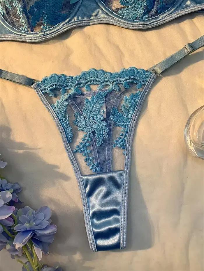 Ensemble de Lingerie Sexy pour adultes, sous-vêtements en maille Ultra fine bleu clair, ensembles de soutien-gorge et culottes brodés délicats, Lingerie Sexy translucide