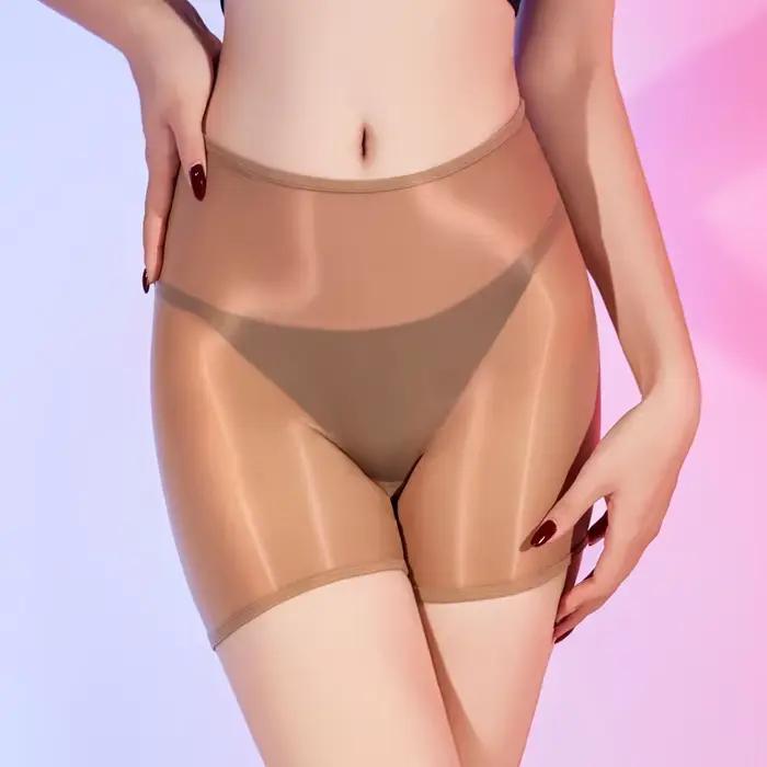 Femmes Sexy culottes huile brillant Transparent boxeurs haute sous-vêtements élastiques Ultra-mince sans couture