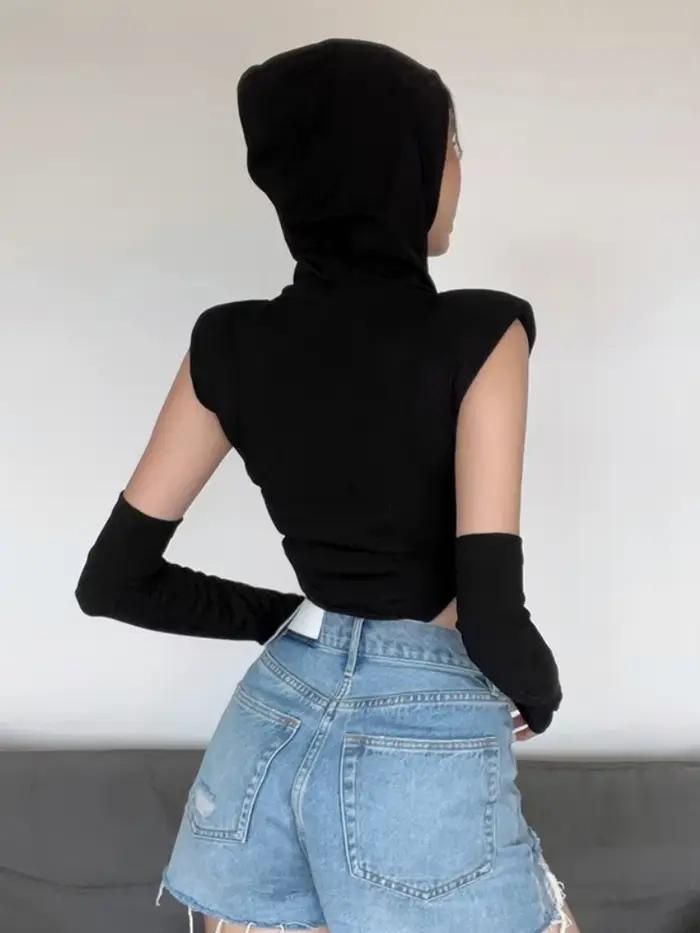 Body à capuche Lingerie Sexy corps Feminino haut noir femmes Rave tenue manches couverture une pièce
