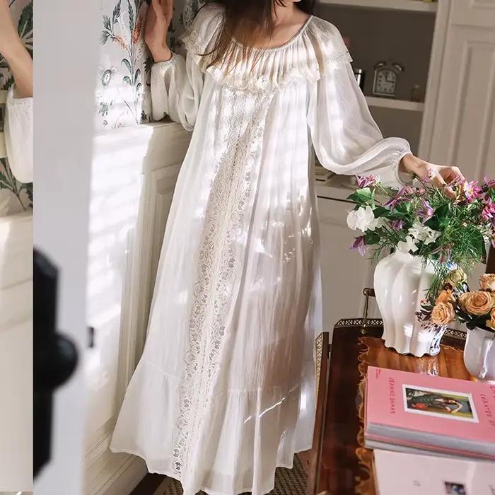 Fée française ample romantique dentelle chemise de nuit femmes longue blanc rétro palais Vintage