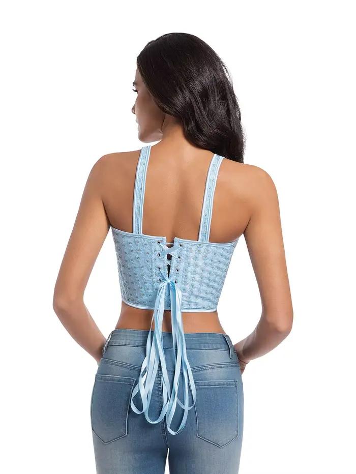Corset moulant sexy bleu pâle à double bretelle brodé pour sculpter le corps et sublimer la silhouette