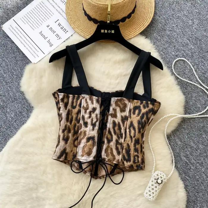 Sexy léopard Corset arête de poisson Chic coréen Camis débardeur mode de base épaules dénudées été femmes vêtements