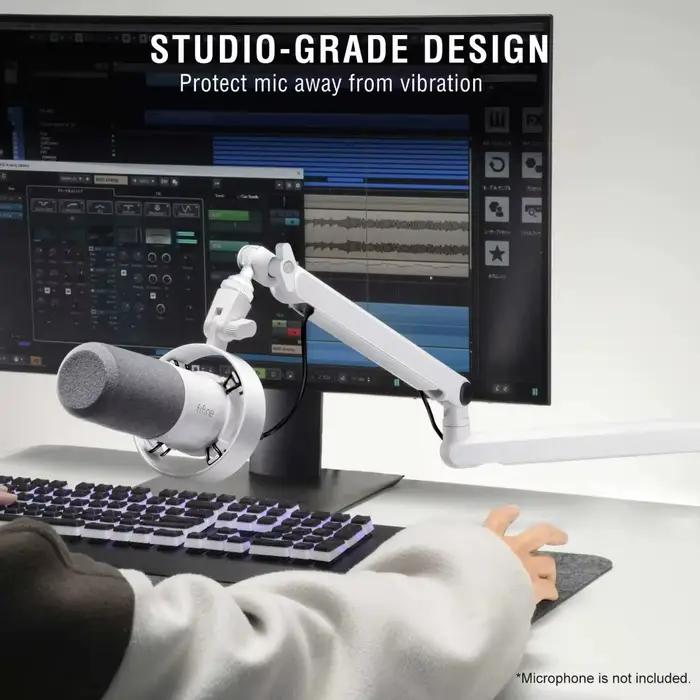 Bras de micro réglable à profil bas avec pince de fixation pour bureau, rangement de câbles pour streaming et jeux - Blanc et noir