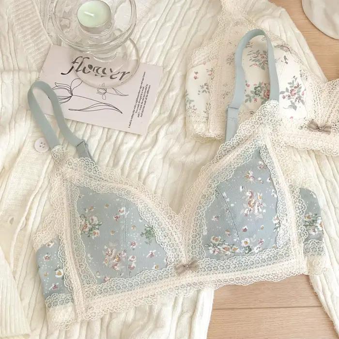 Soutien-gorge français Sexy en dentelle de gaze brodée, sans éponge, petits seins froncés, anneau en acier doux, Style pur désir