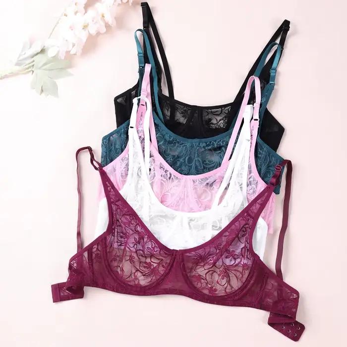 Soutien-gorge en dentelle transparente pour femmes, sous-vêtements à armatures, zones florales, lingerie sexy thuna ual, brassière A B C D esse Cup