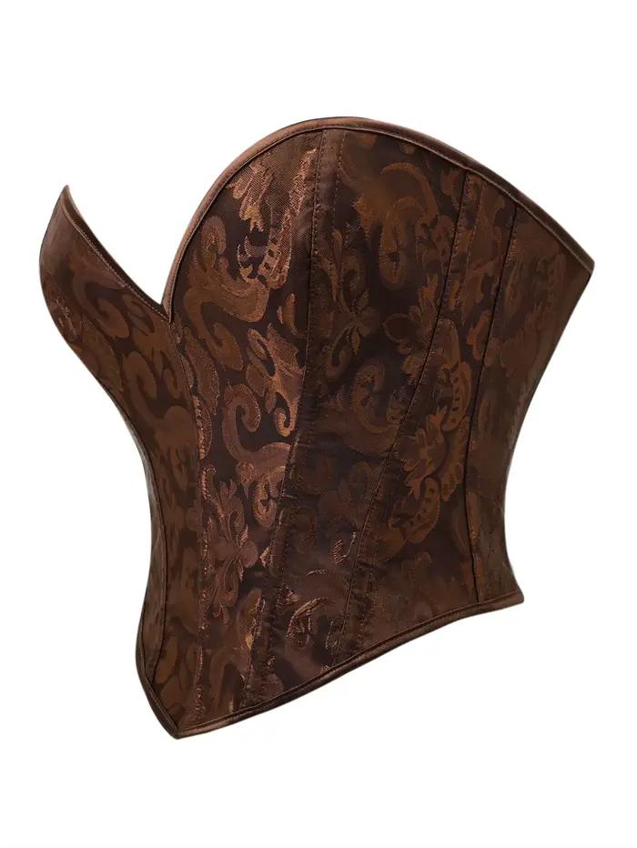 Corset bustier sans bretelles en jacquard baroque marron pour femme, avec baleines en acier et dos lacé, idéal pour les tenues vintage et gothiques