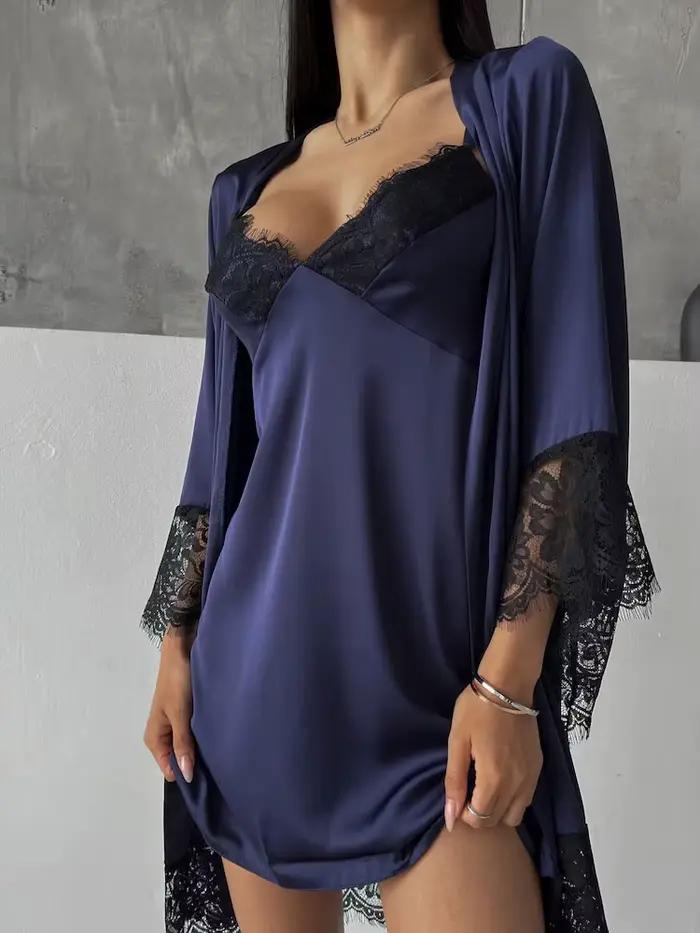 Ensemble Robe de Nuit et Peignoir Bleu Foncé Élégant pour Femme