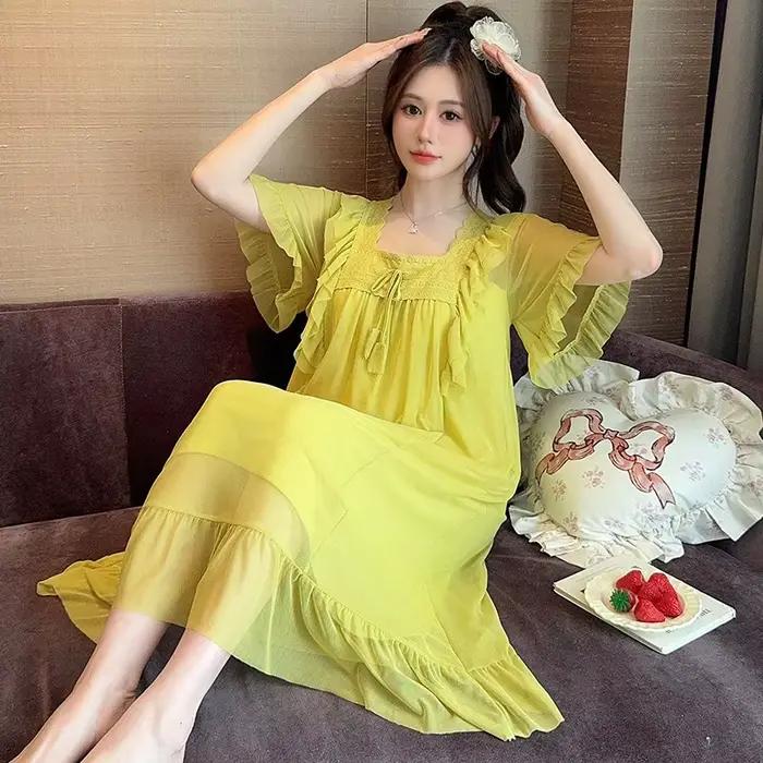 Robe de nuit style princesse pour femme, manches courtes, en maille fine, vêtements d'intérieur amples, pyjama, sans soutien-gorge, tenue décontractée d'été