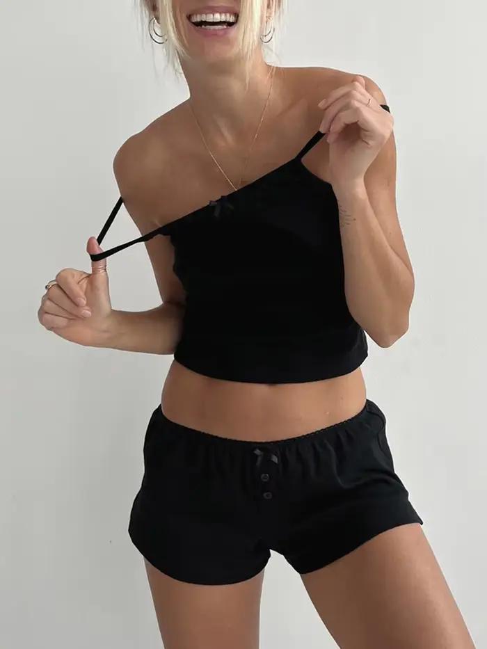 Y2k Ensemble pyjama 2 pièces pour femme avec bordure en dentelle sans manches