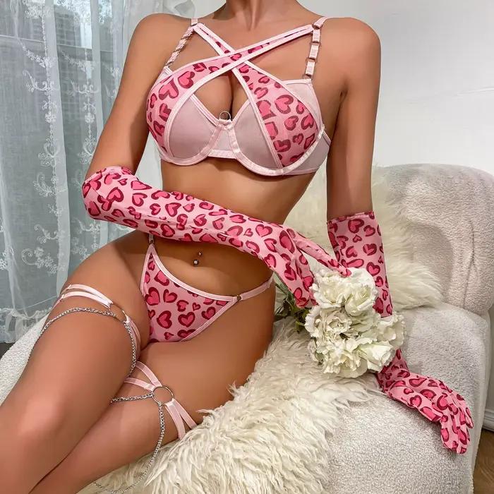 Brskbzda-Soutien-gorge croisé en dentelle léopard pour filles, sous-vêtements romantiques, gants en forme de cœur