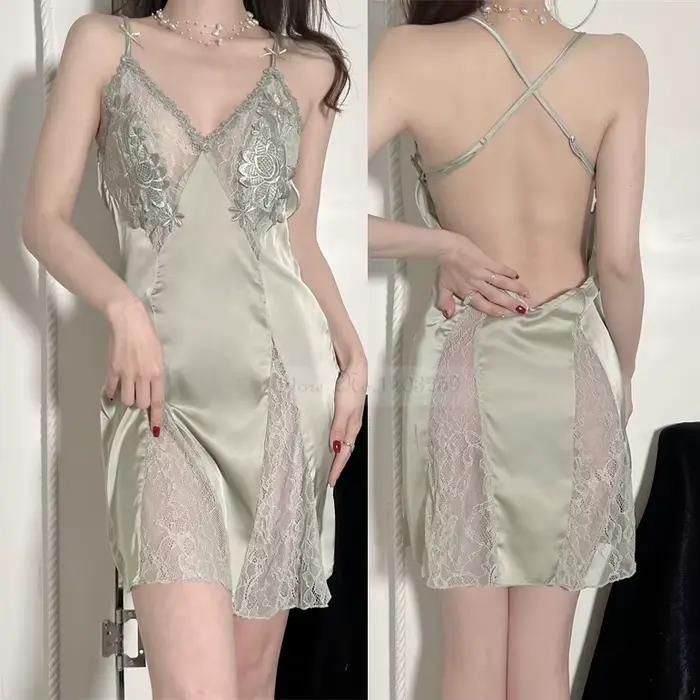 Robe de nuit brodée sexy en polyester satiné et rayonne pour femmes, ensemble de vêtements de nuit, patchwork de dentelle, décontracté pour la maison, été et hiver