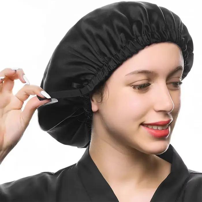 Bonnet en soie véritable 100% Birdtree 16MM, bonnet de nuit double couche pour femme, bandeau élastique pour cheveux A34324M
