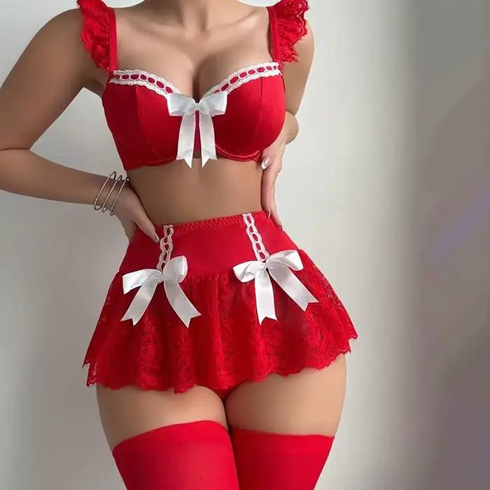 Soutien-gorge romantique en dentelle transparente pour femmes, Mini jupe, ensemble de soutien-gorge Sissy pour adolescents, Lingerie fantaisie noire, ensembles Ultra Breves, Sexy pour adultes