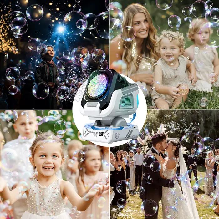 La version améliorée de la machine à bulles avec télécommande, rotation automatique et lumière RVB, batterie rechargeable 1800 mAh, charge de type C, machine à bulles adaptée aux enfants, mariages, fê