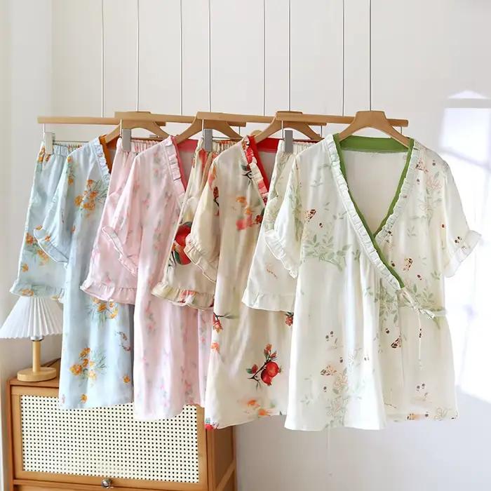 Ensemble pyjama d'été en coton de bambou pour femmes, imprimé floral fin, Kimono à lacets, manches courtes, avec Short, costume de pyjama