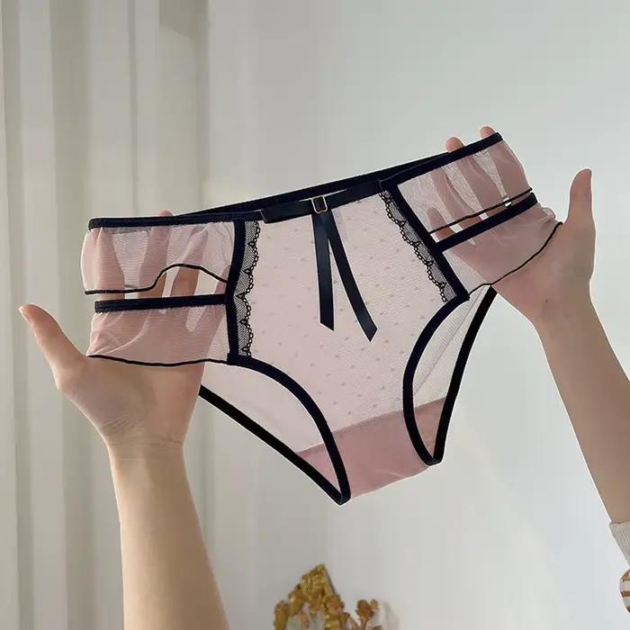 Culotte femme Style dentelle à volants mignon taille basse maille transparente Sexy caleçon doux coton creux attaché nœud slips Lingerie