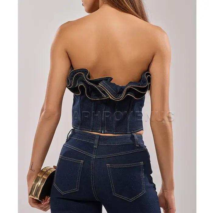 Corset en jean vintage pour femme, bustier épaules dénudées à volants et fermeture éclair, style Y2K streetwear, coupe ajustée, serre-taille pour soirée