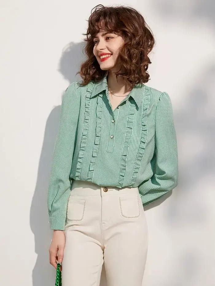 Modiis Yao-Chemise à carreaux à manches longues et bouffantes pour femme