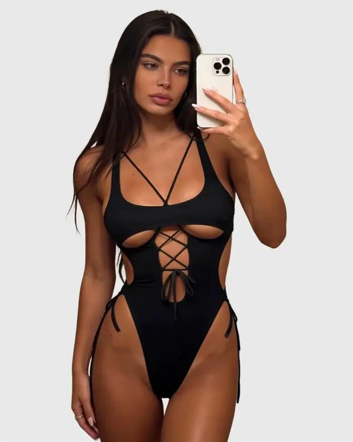 Ellolace Lingerie Séduisante Femme Ultra Sexy Sensuelle Body à Entrejambe Ouvert Bretelles à Nouer Poitrine Découpée Une Pièce Intime