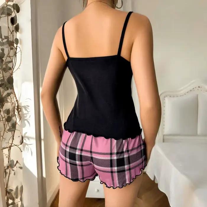 Femmes Sexy Bretelles Shorts Mince Pyjamas Lettre Imprimé Plaid Shorts Grand Pyjamas Romantique Maison Porter Sexy Vêtements De Nuit Pyjama Court