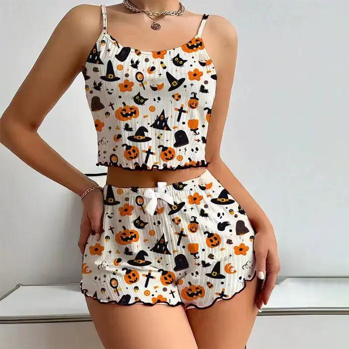 Ensemble pyjama imprimé citrouille d'halloween pour femmes