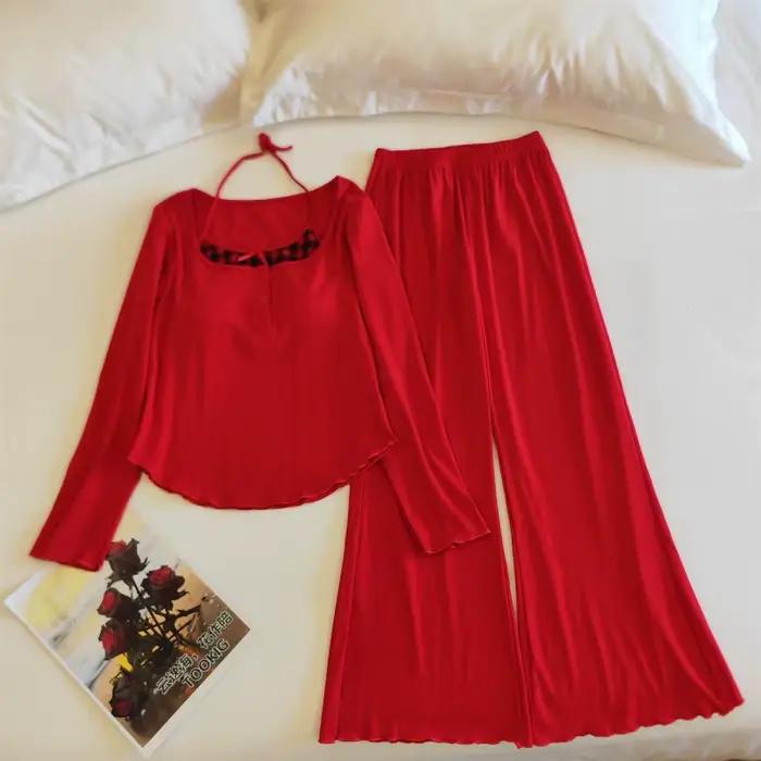 Pyjama femme printemps automne hiver nouveau pantalon à manches longues ensemble coussin de poitrine coréen coton