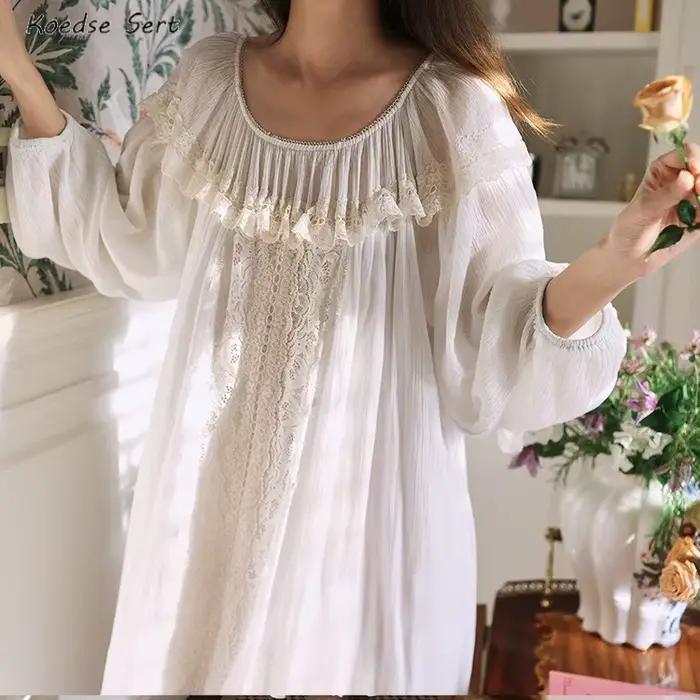 Fée française ample romantique dentelle chemise de nuit femmes longue blanc rétro palais Vintage
