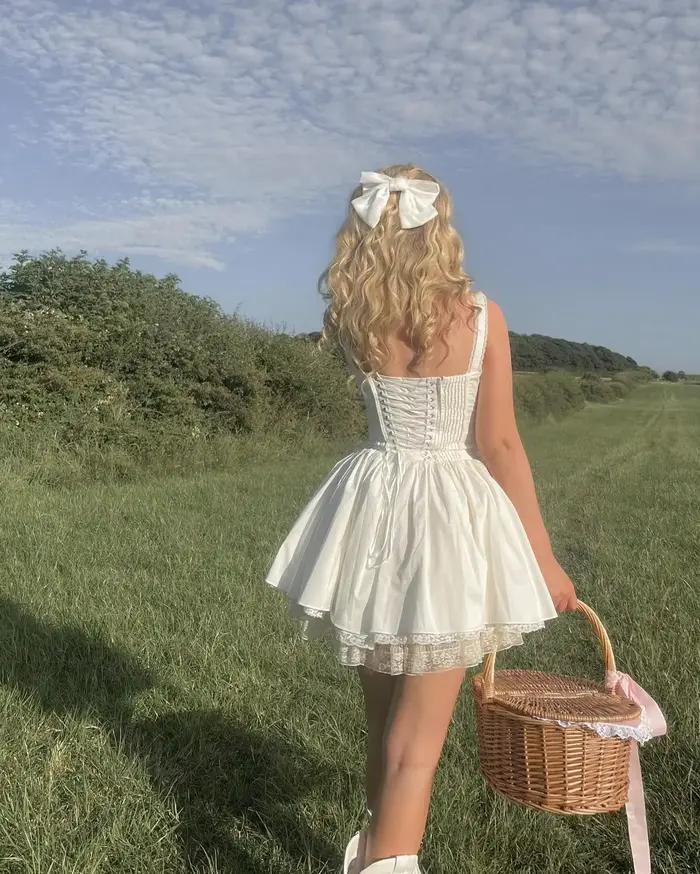Élégant dentelle Corset décontracté blanc robe de Ballet courte col carré a-ligne pansement Mini robes doux Y2K noir 2025 été nouveau dans