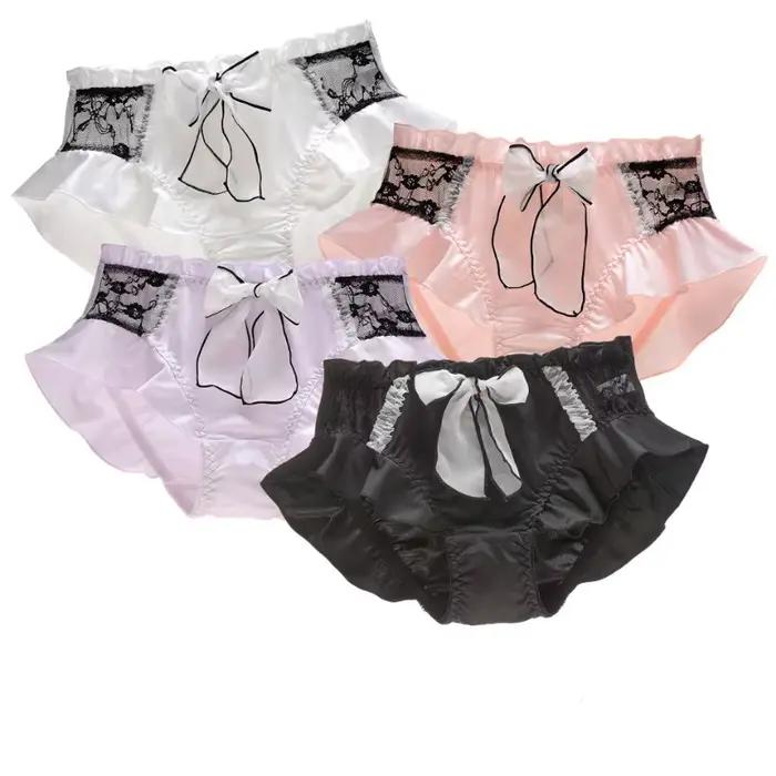 Femmes lait soie lisse mignon belle culotte douce dentelle Lolita à volants ruban nœud élasticité sous-vêtements respirant couleur bonbon