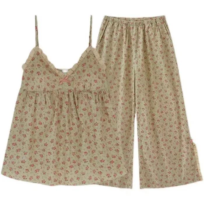 Nuisette florale à manches longues pour femmes, olympiques de surintendant, pyjamas d'été, vêtements de maison, chemise de nuit, pantalon Y +, 2 pièces