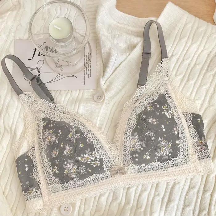 Soutien-gorge français Sexy en dentelle de gaze brodée, sans éponge, petits seins froncés, anneau en acier doux, Style pur désir